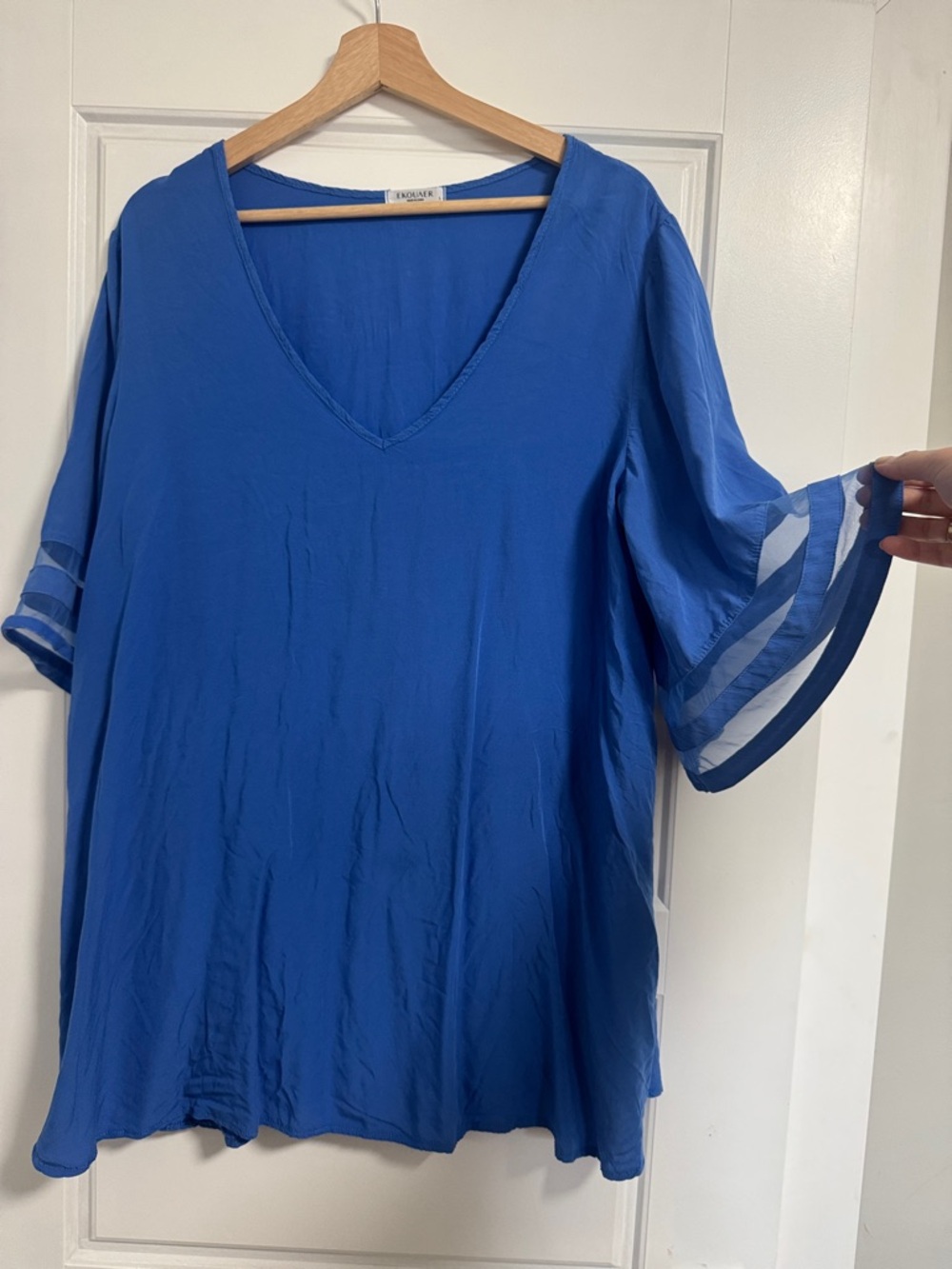 V-Neck Royal Blue Women's Swim Coverup with Striped Bell Sleeves size large lg